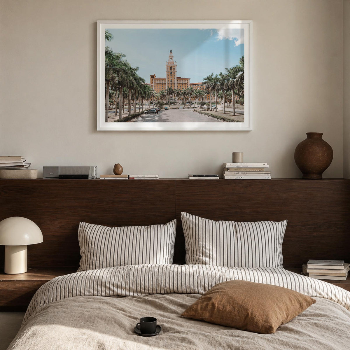 Coral Gables colorful photo poster of Florida, USA – horizontal wall art in white wood frame with white border, hanging on wa