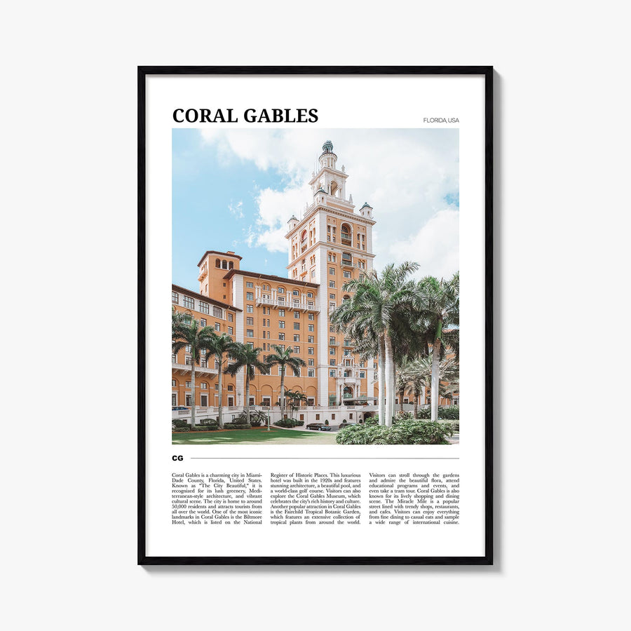 Coral Gables colorful travel poster of Florida, USA – vertical wall art, unframed print shown in interior mockup