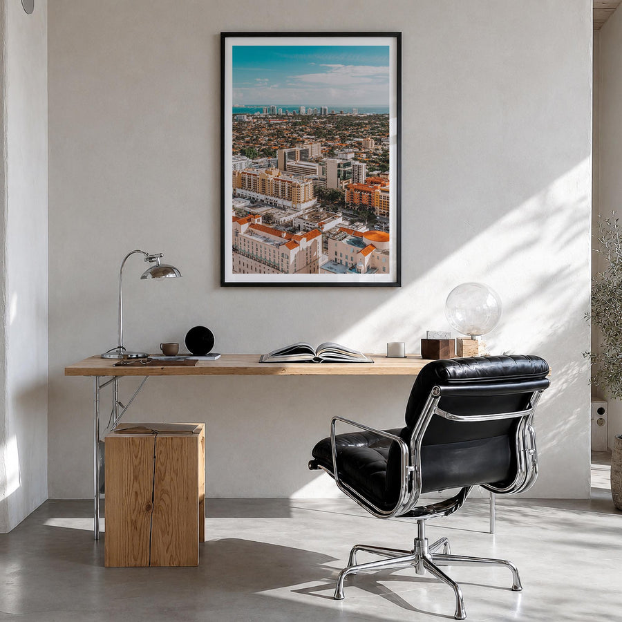 Coral Gables no. 1 colorful photo poster of Florida, USA – vertical wall art in black wood frame with white border, hanging o