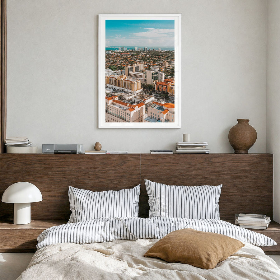 Coral Gables Photo No 1 Poster in a white wood frame, hanging in a bedroom, white border
