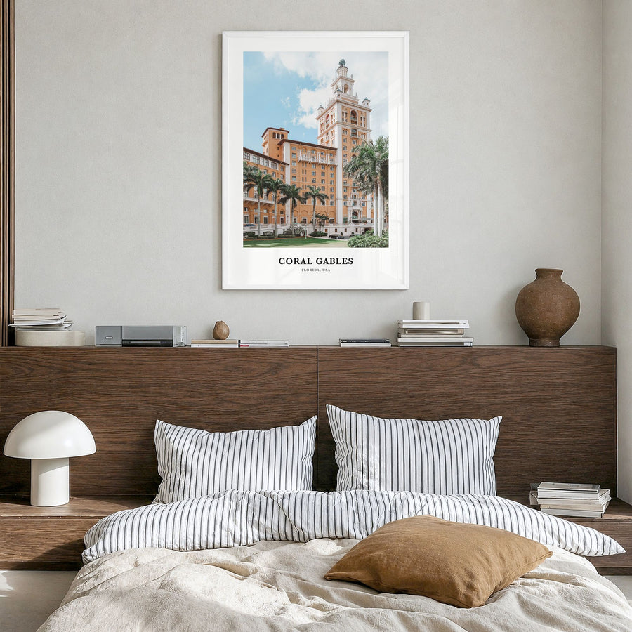 Coral Gables Classic Poster in a white wood frame, hanging in a bedroom