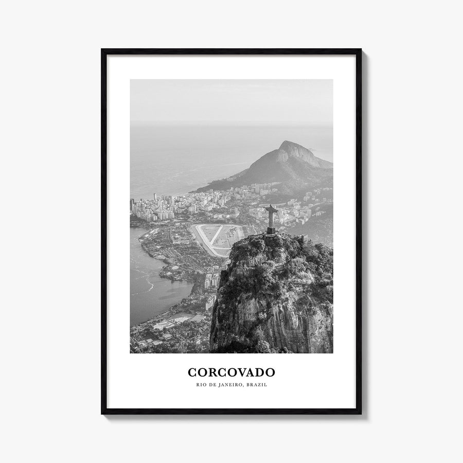 Corcovado black & white classic poster of Rio de Janeiro, Brazil – vertical wall art, unframed print shown in interior mockup