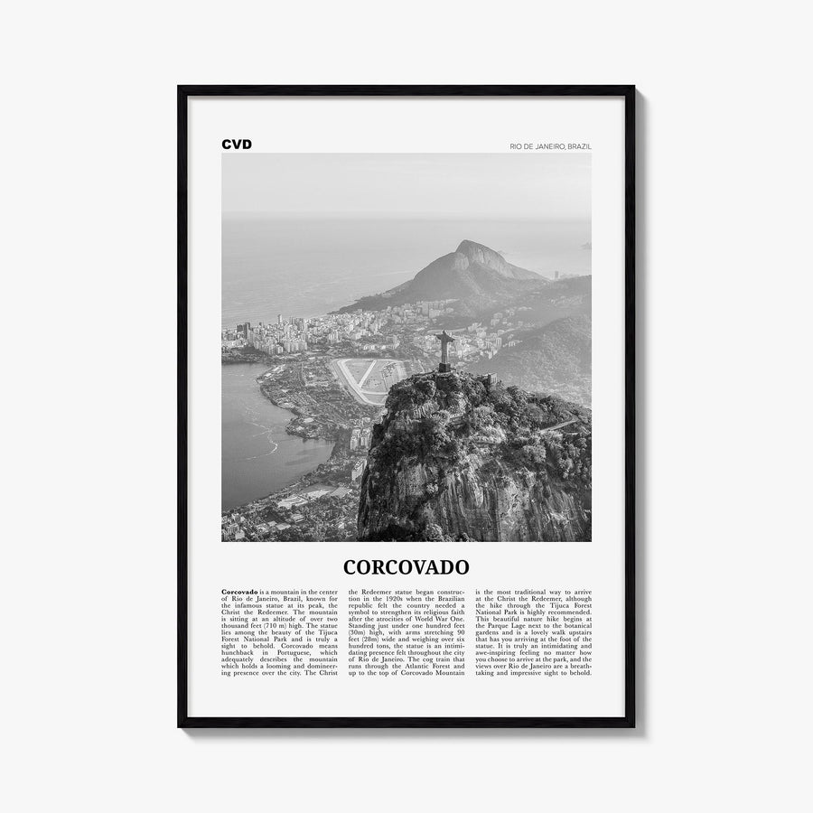 Corcovado black & white newspaper poster of Rio de Janeiro, Brazil – vertical wall art, unframed print shown in interior mock