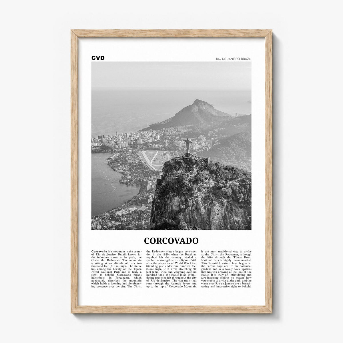 Corcovado Newspaper Poster in a natural wood frame