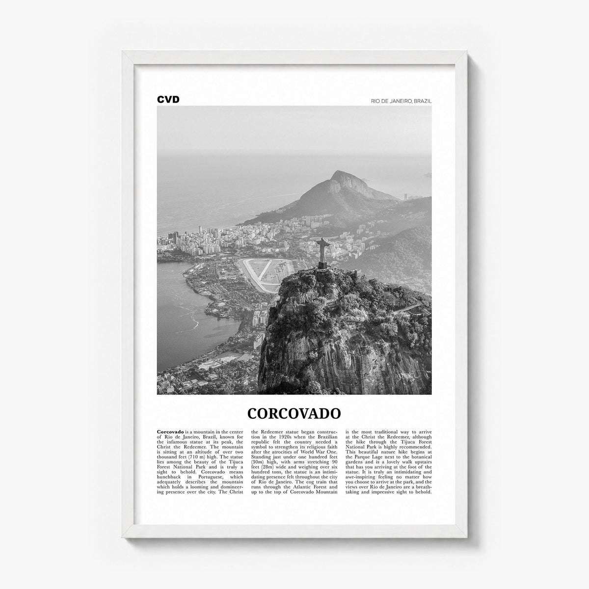 Corcovado Newspaper Poster in a white wood frame