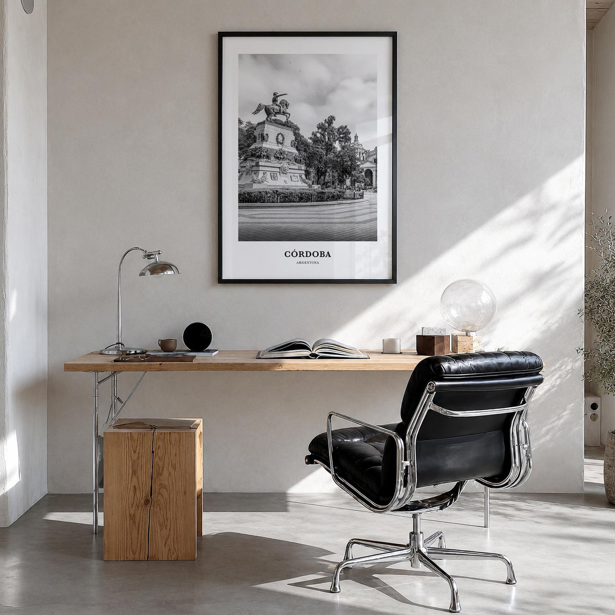 Córdoba, Argentina black & white classic poster of Argentina – vertical wall art in black wood frame, hanging on wall