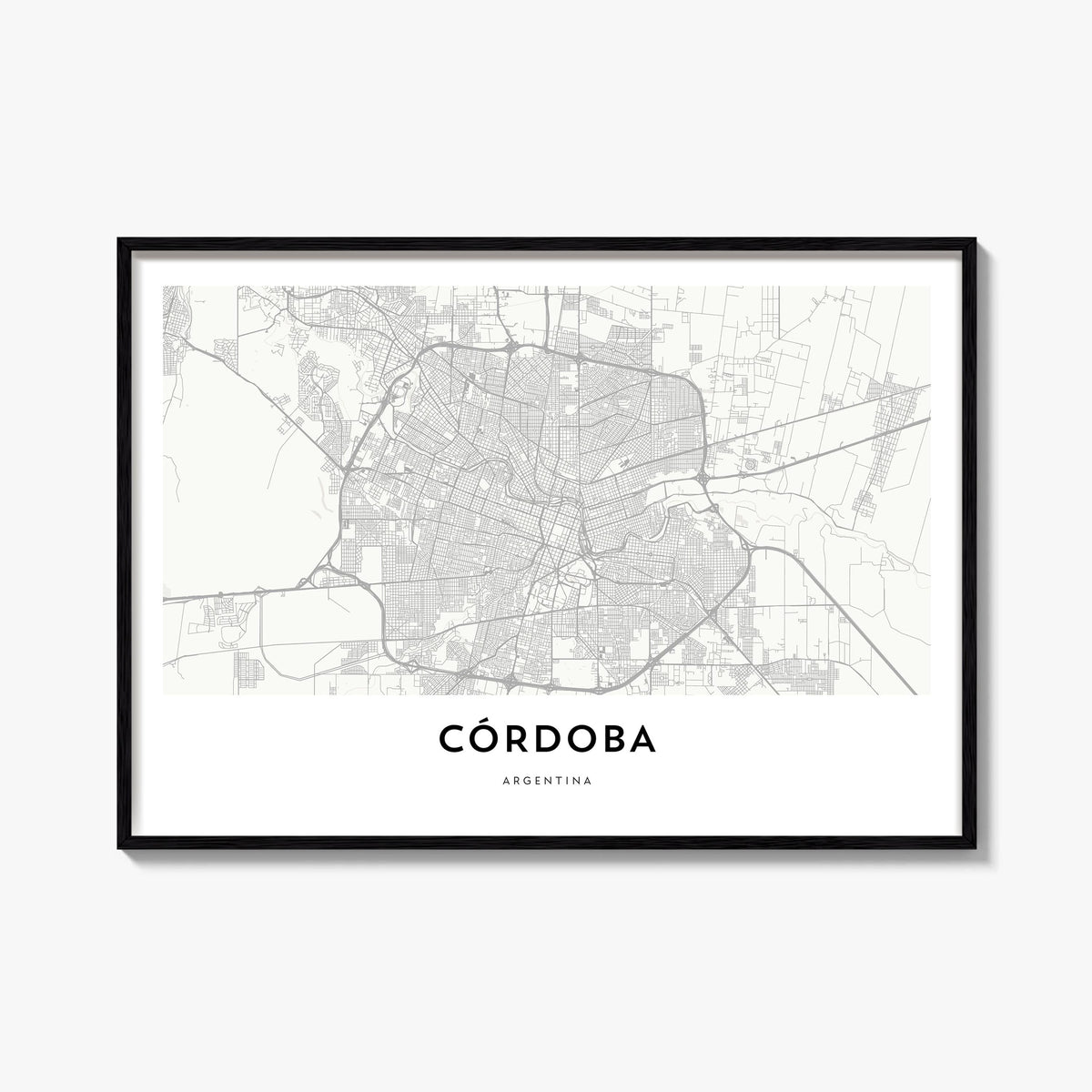 Córdoba, Argentina black & white map poster of Argentina – horizontal wall art, unframed print shown in interior mockup