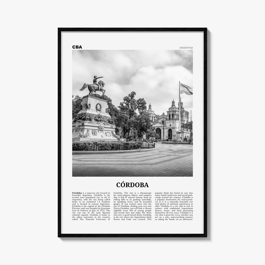 Córdoba, Argentina black & white newspaper poster of Argentina – vertical wall art, unframed print shown in interior mockup