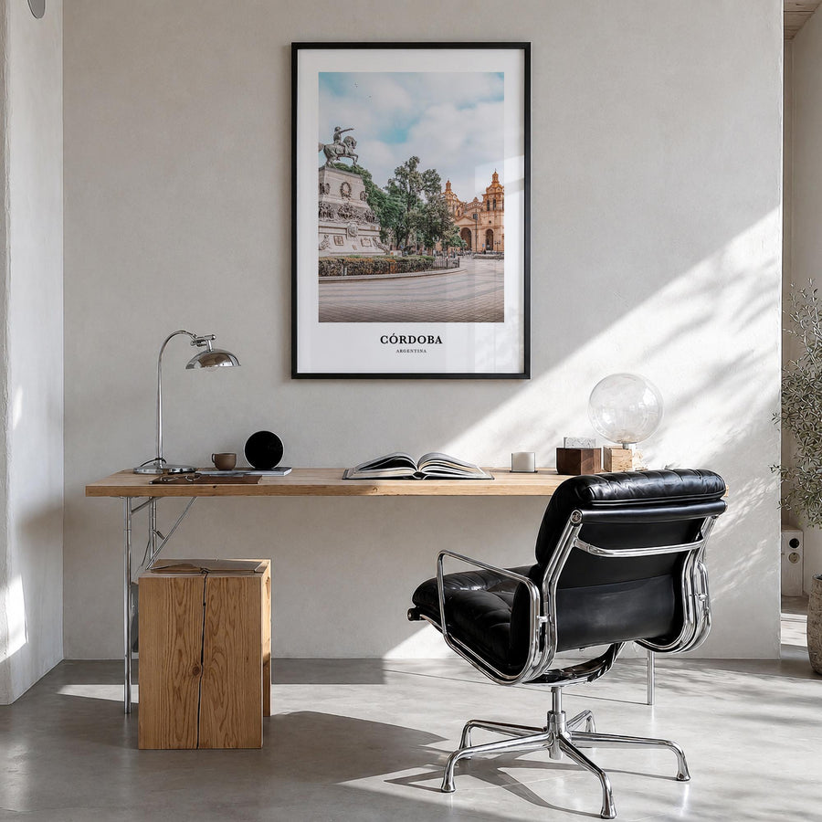 Córdoba, Argentina colorful classic poster of Argentina – vertical wall art in black wood frame, hanging on wall
