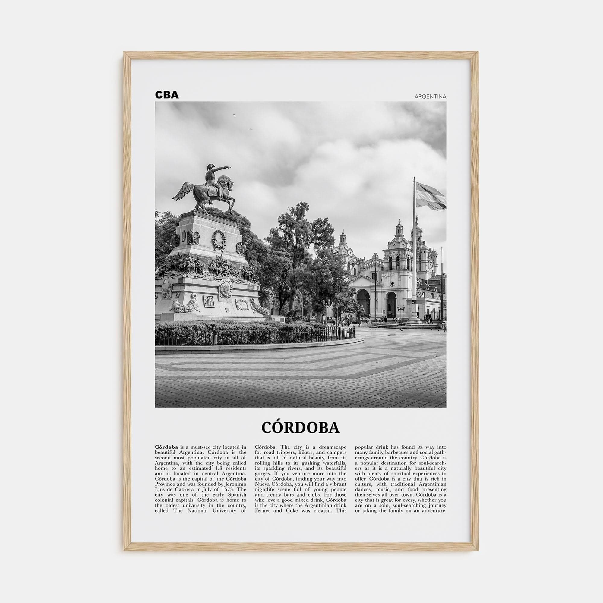 Córdoba, Argentina Poster Natural Wood / 8x12 in Nbourhood Travel B&W Poster