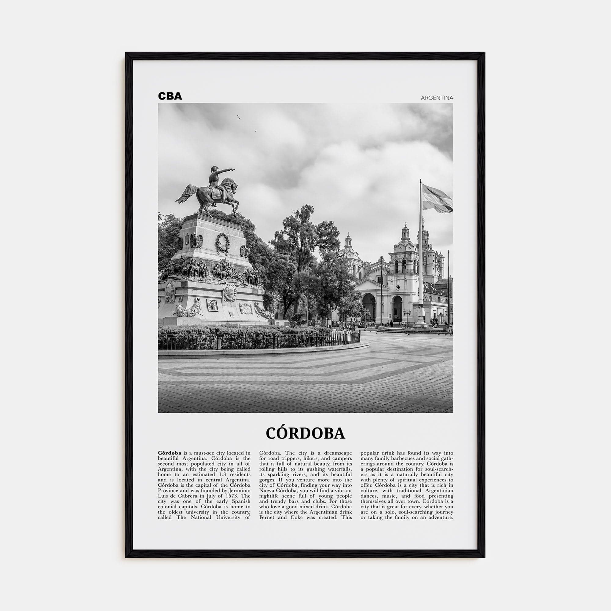 Córdoba, Argentina Poster Black Wood / 8x12 in Nbourhood Travel B&W Poster