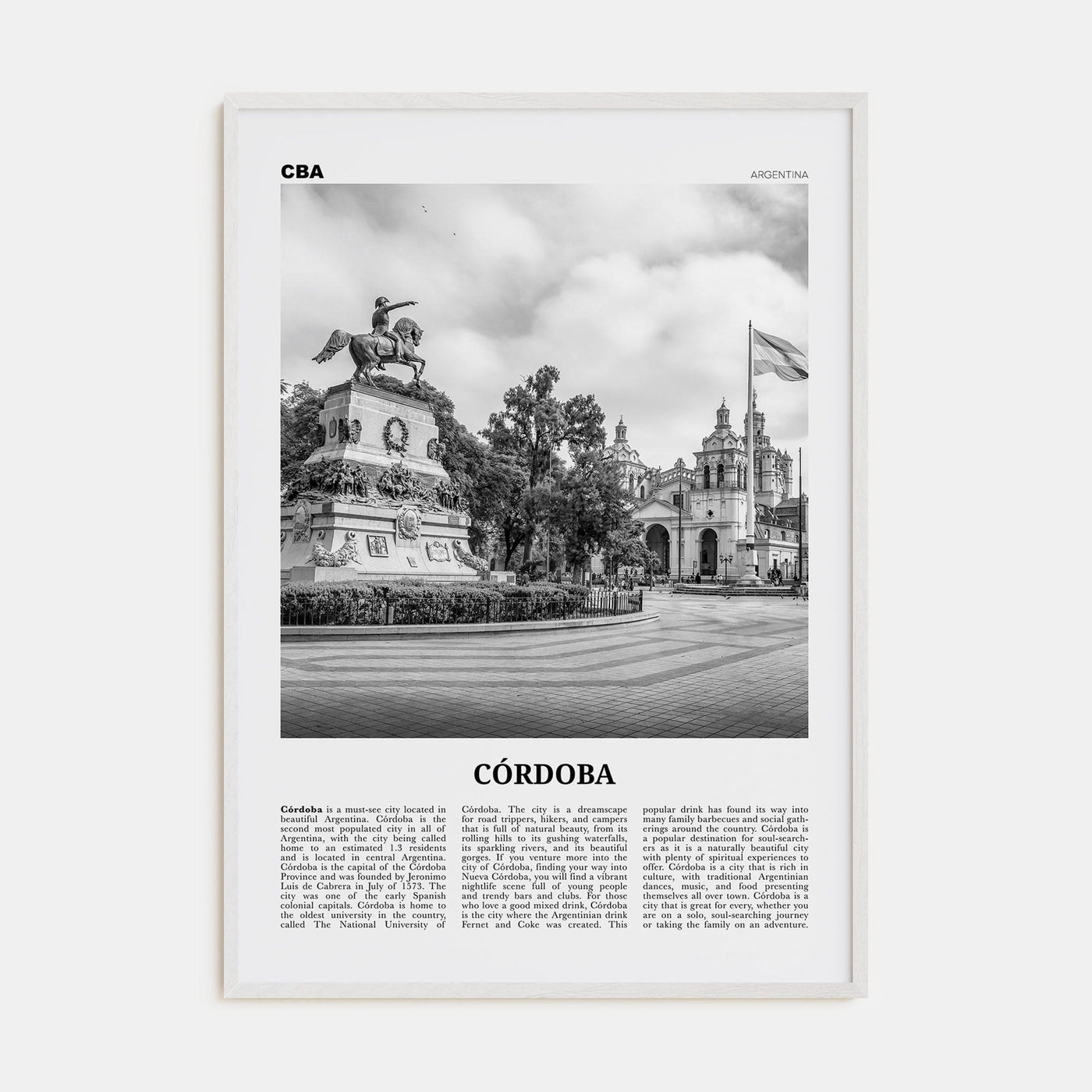 Córdoba, Argentina Poster White Wood / 8x12 in Nbourhood Travel B&W Poster