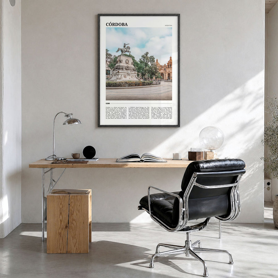 Córdoba, Argentina Travel Poster in a black wood frame, hanging in a bright home office