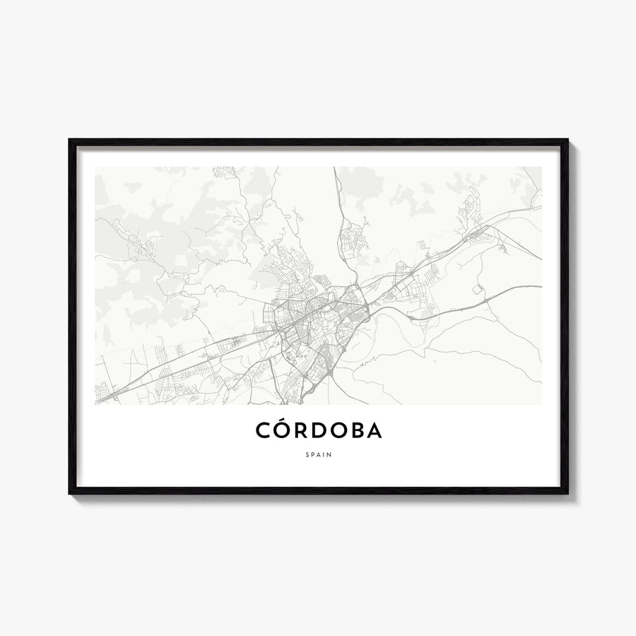 Córdoba, Spain black & white map poster of Spain – horizontal wall art, unframed print shown in interior mockup