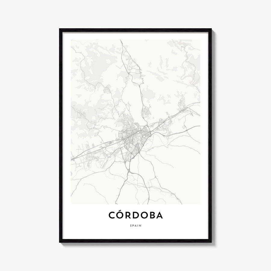 Córdoba, Spain black & white map poster of Spain – vertical wall art, unframed print shown in interior mockup