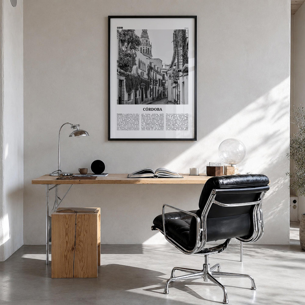 Córdoba, Spain black & white newspaper poster of Spain – vertical wall art in black wood frame, hanging on wall