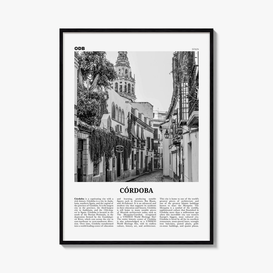 Córdoba, Spain black & white newspaper poster of Spain – vertical wall art, unframed print shown in interior mockup