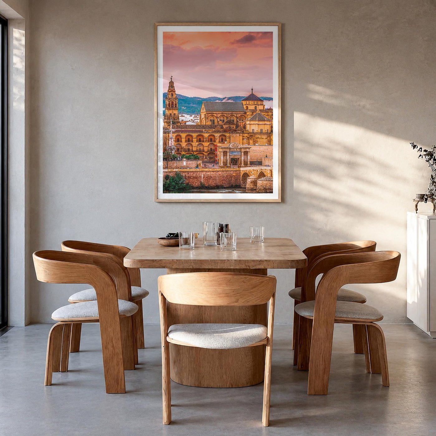 Córdoba, Spain colorful photo poster of Spain – vertical wall art in natural wood frame with white border, hanging on wall