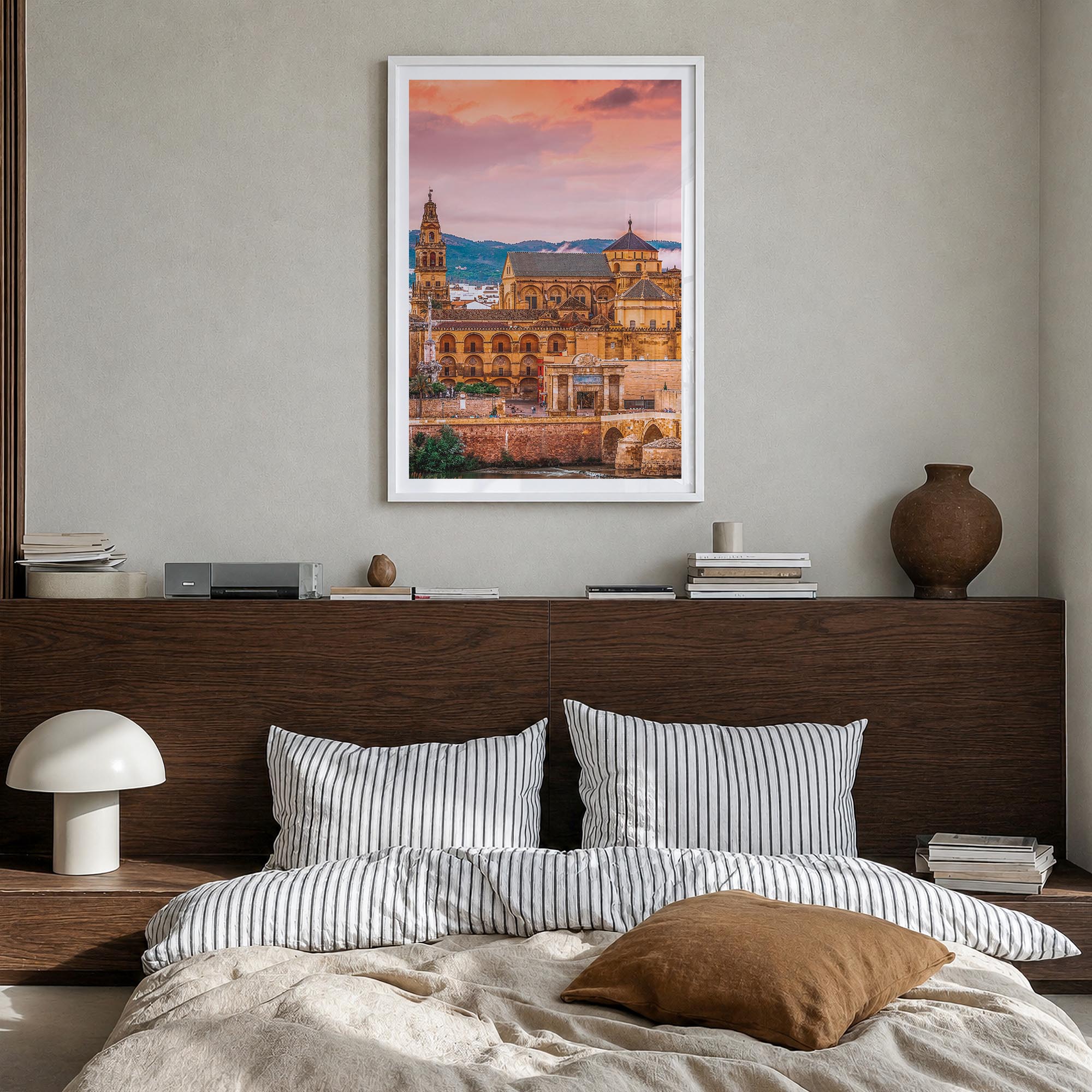 Córdoba, Spain colorful photo poster of Spain – vertical wall art in white wood frame with white border, hanging on wall