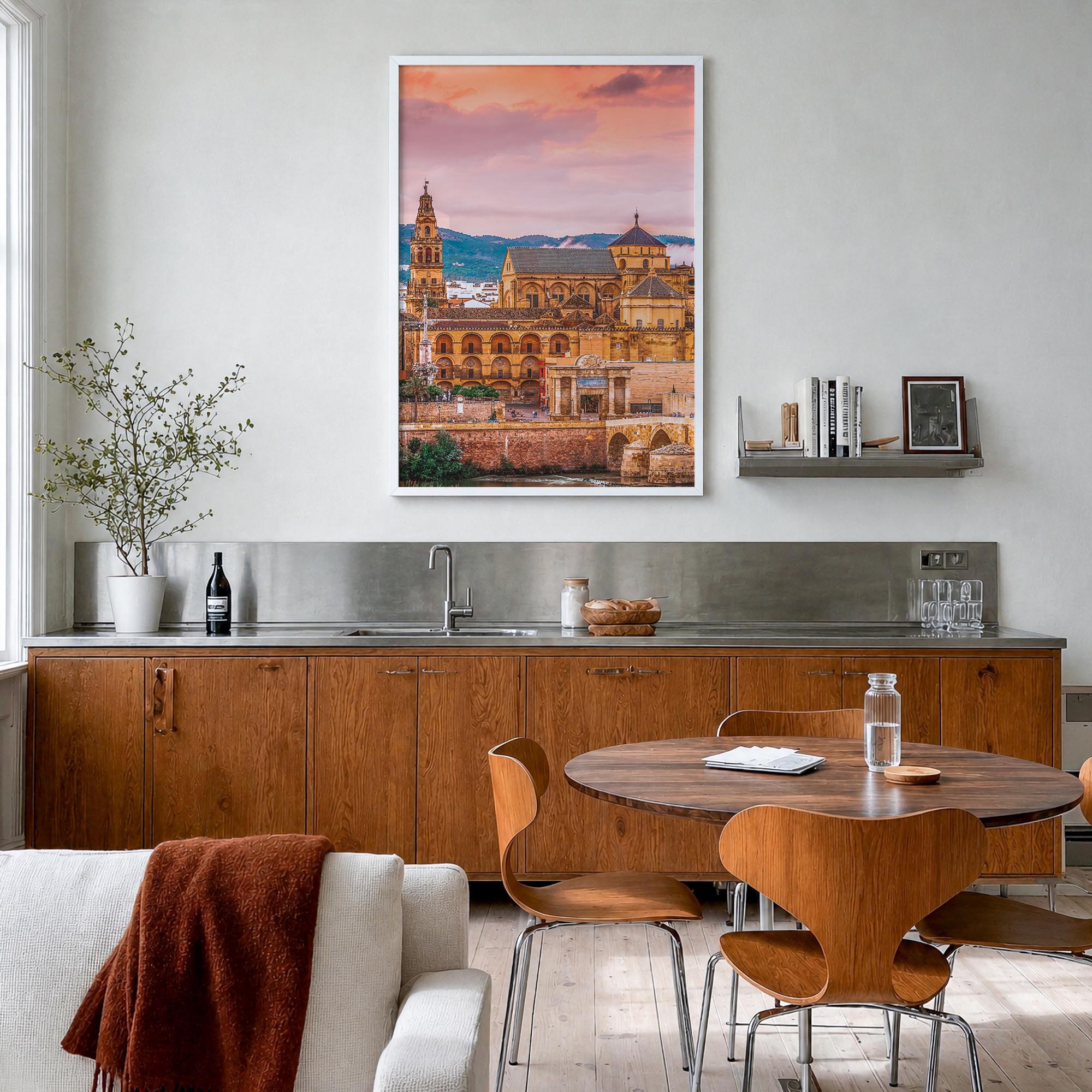 Córdoba, Spain colorful photo poster of Spain – vertical wall art in white wood frame, hanging on wall