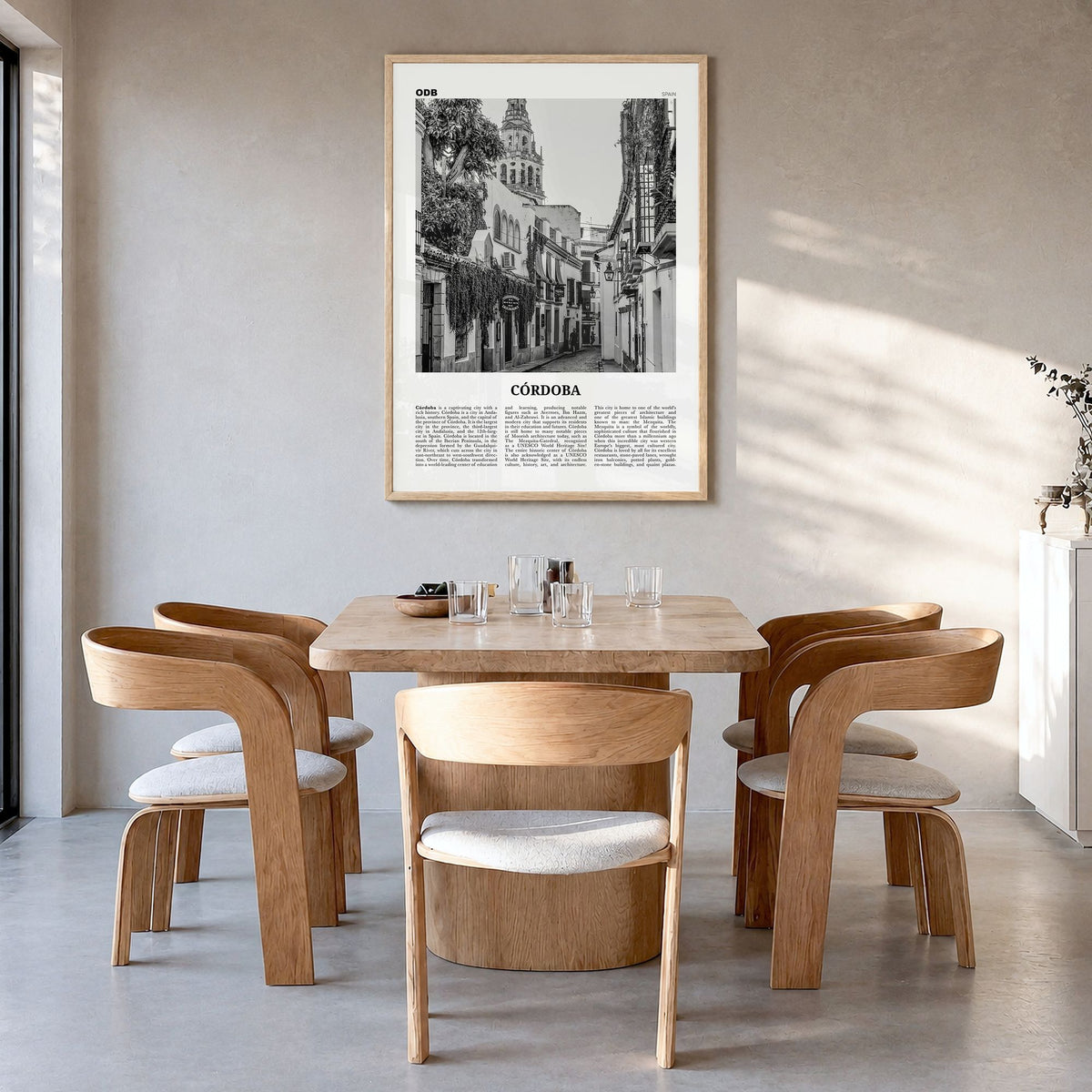 Córdoba, Spain Newspaper Poster in a natural wood frame, hanging in a dining room