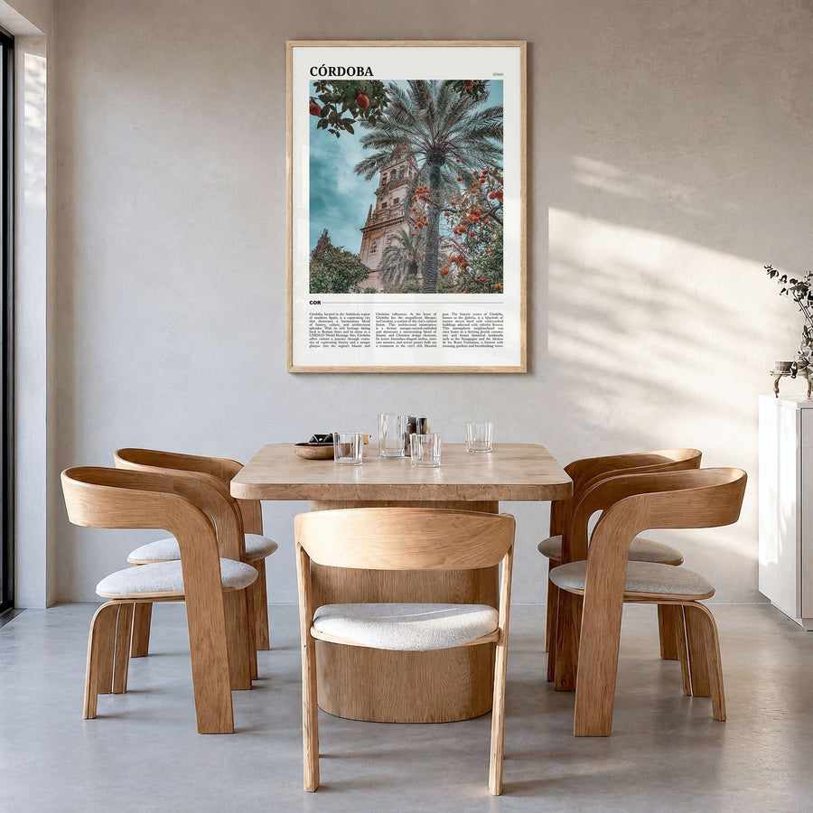 Córdoba, Spain Travel Poster in a natural wood frame, hanging in a dining room