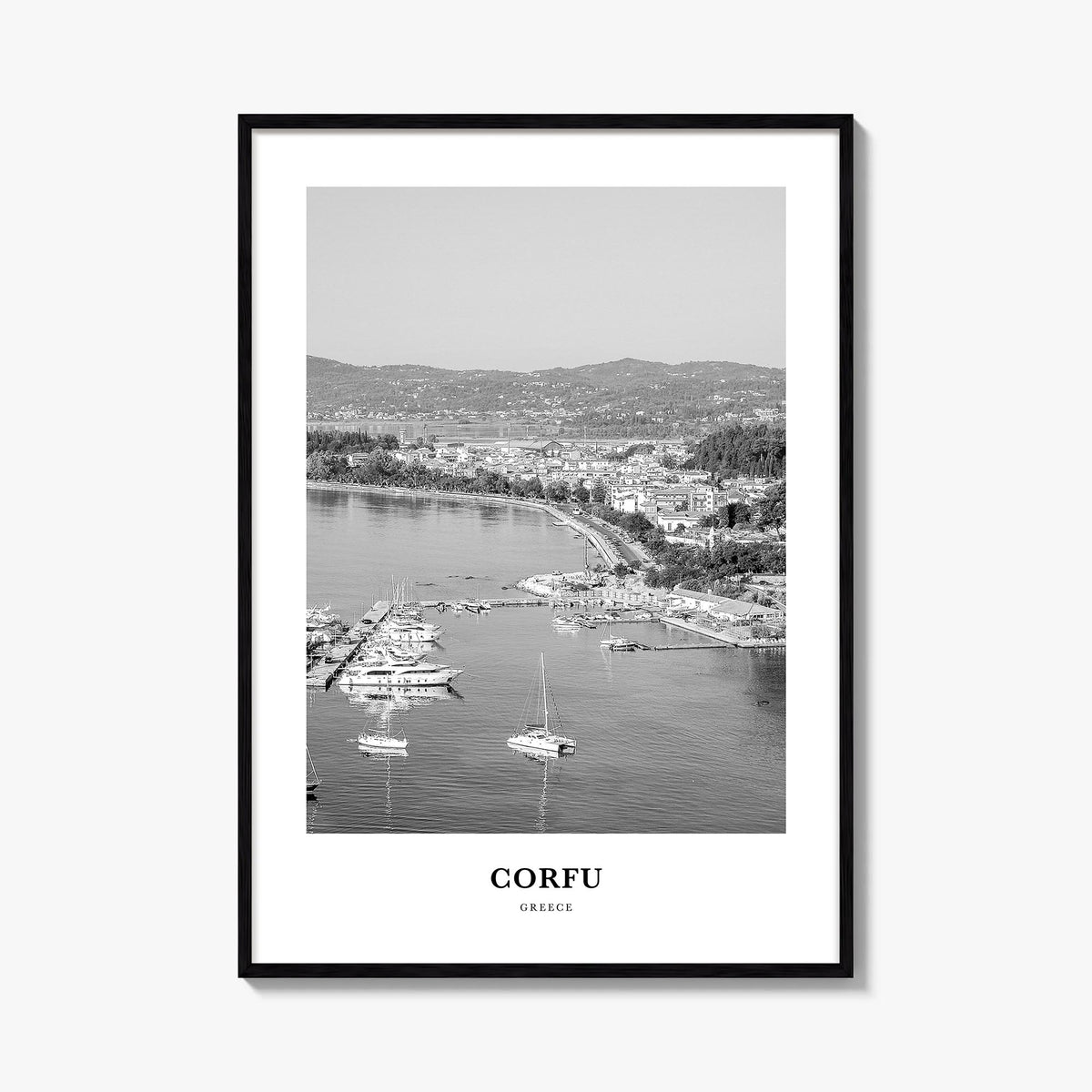 Corfu black & white classic poster of Greece – vertical wall art, unframed print shown in interior mockup