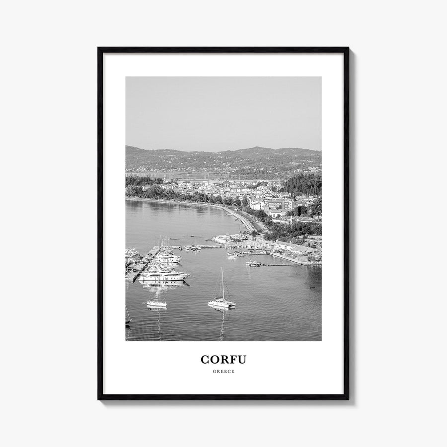 Corfu black & white classic poster of Greece – vertical wall art, unframed print shown in interior mockup