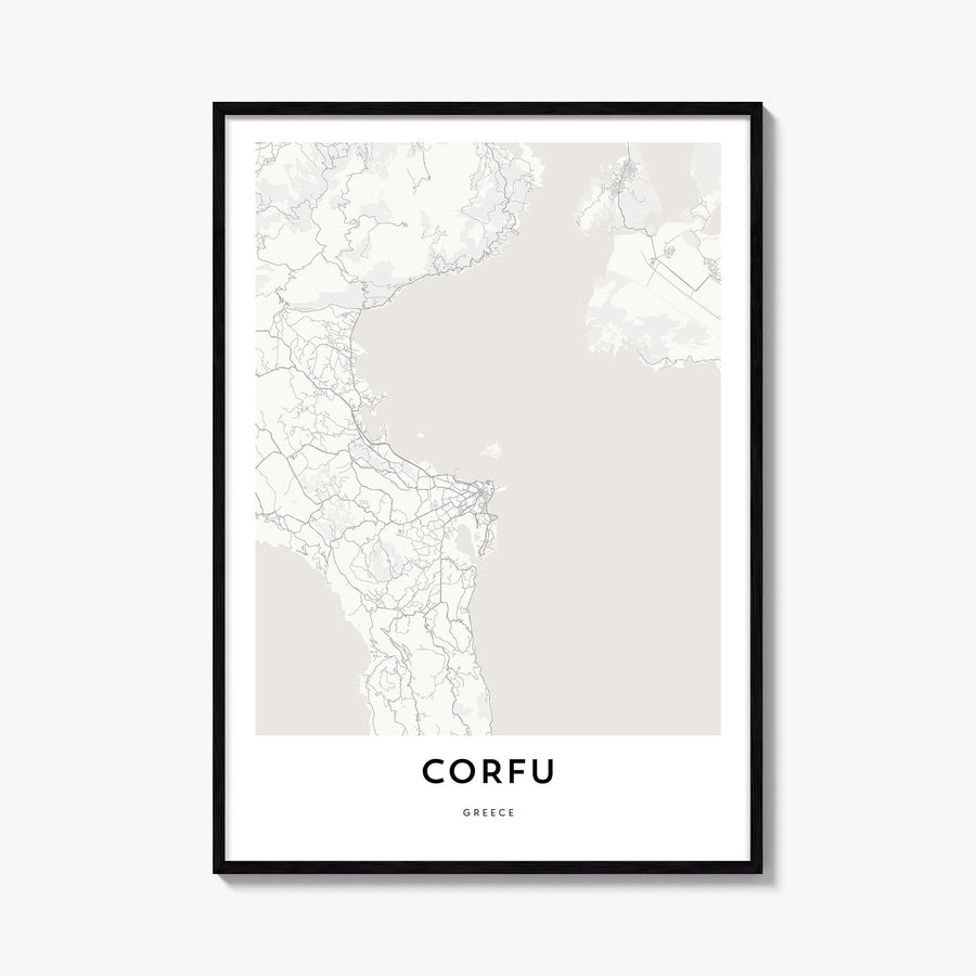 Corfu black & white map poster of Greece – vertical wall art, unframed print shown in interior mockup