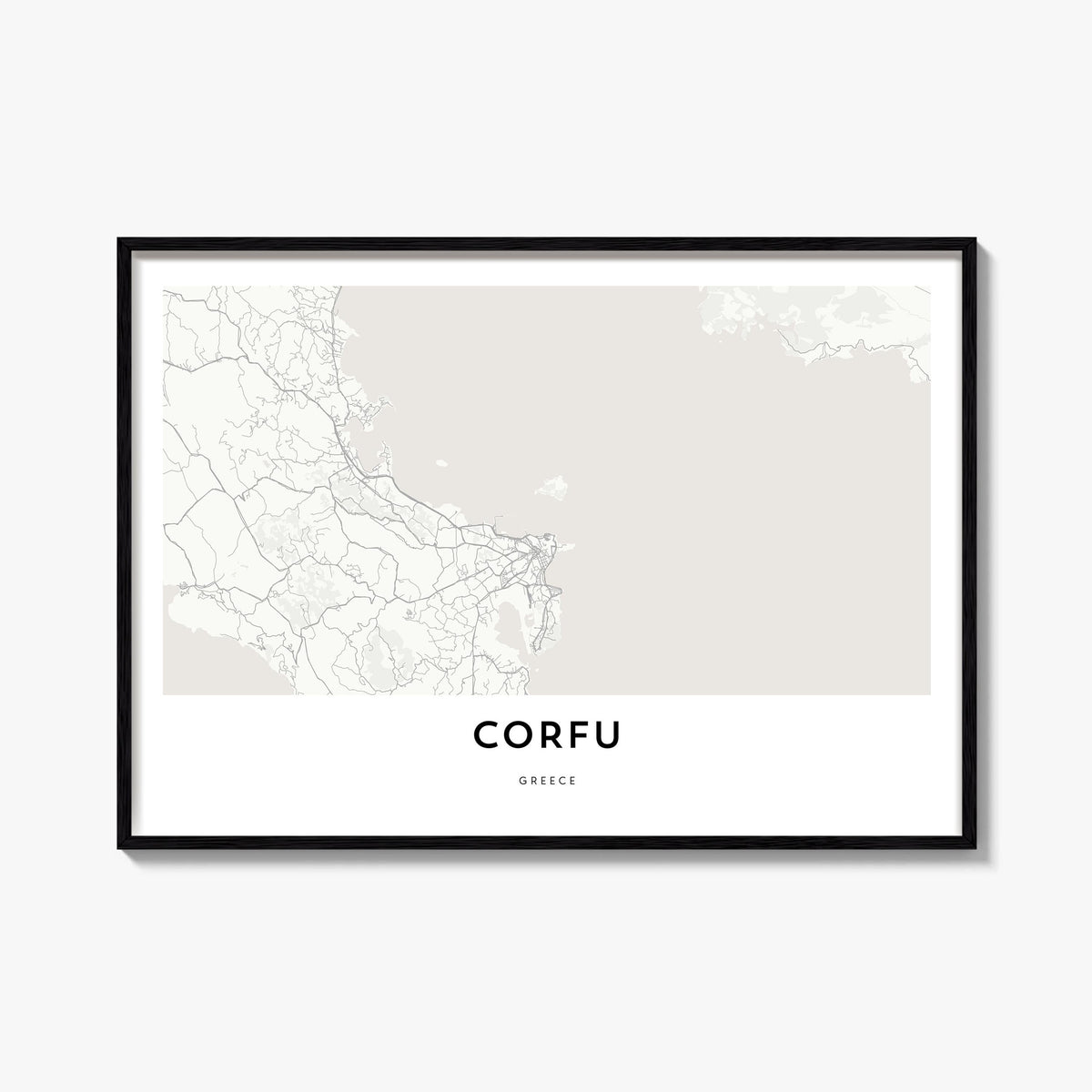 Corfu black & white map poster of Greece – horizontal wall art, unframed print shown in interior mockup