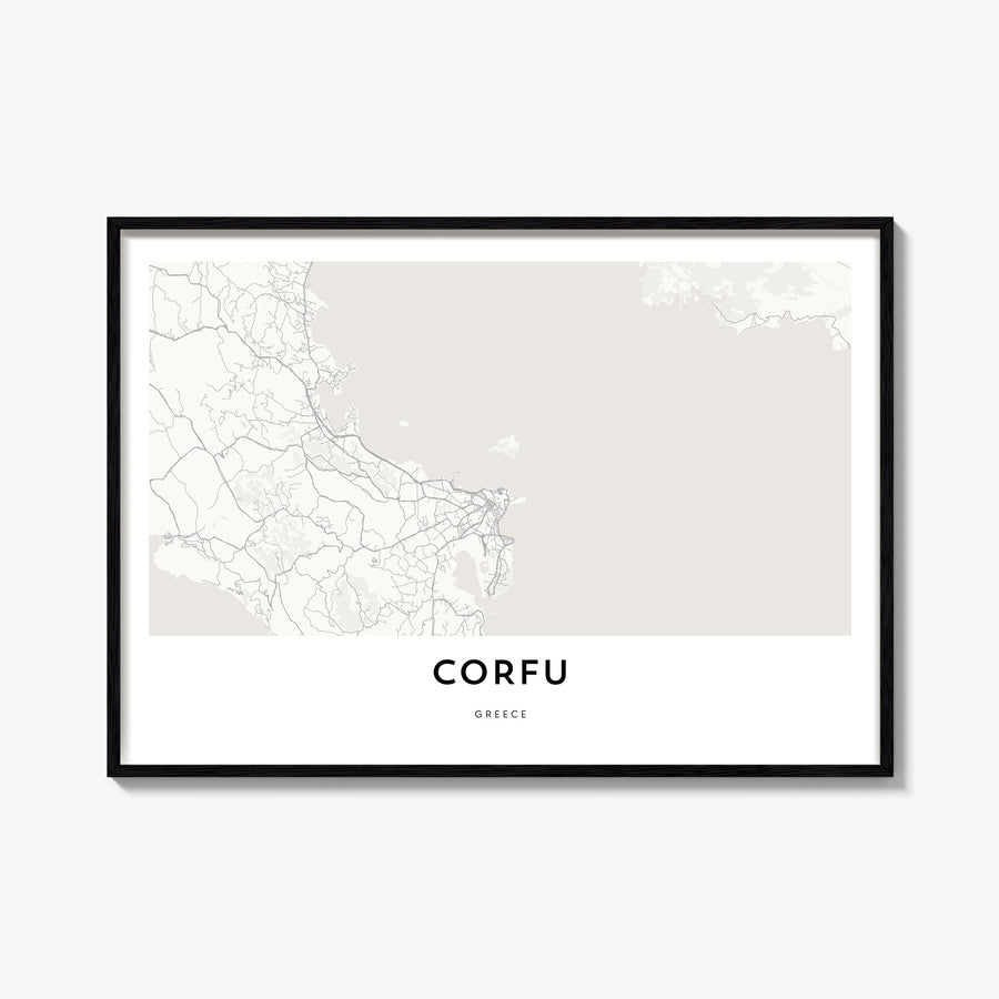 Corfu black & white map poster of Greece – horizontal wall art, unframed print shown in interior mockup
