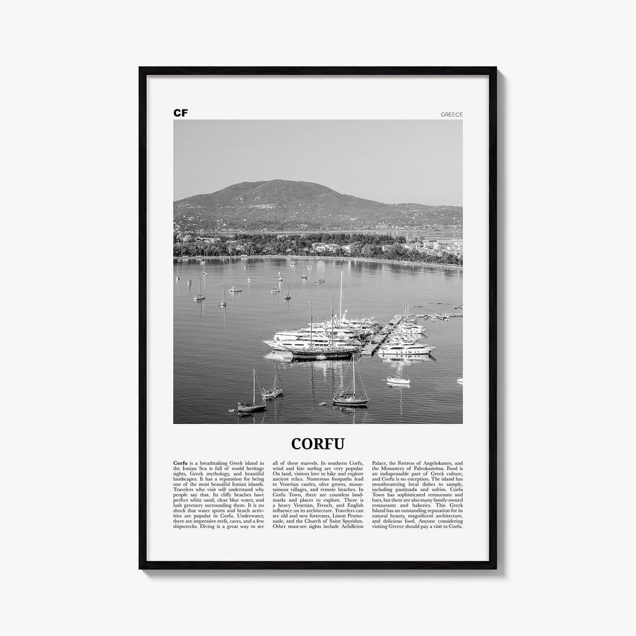Corfu black & white newspaper poster of Greece – vertical wall art, unframed print shown in interior mockup