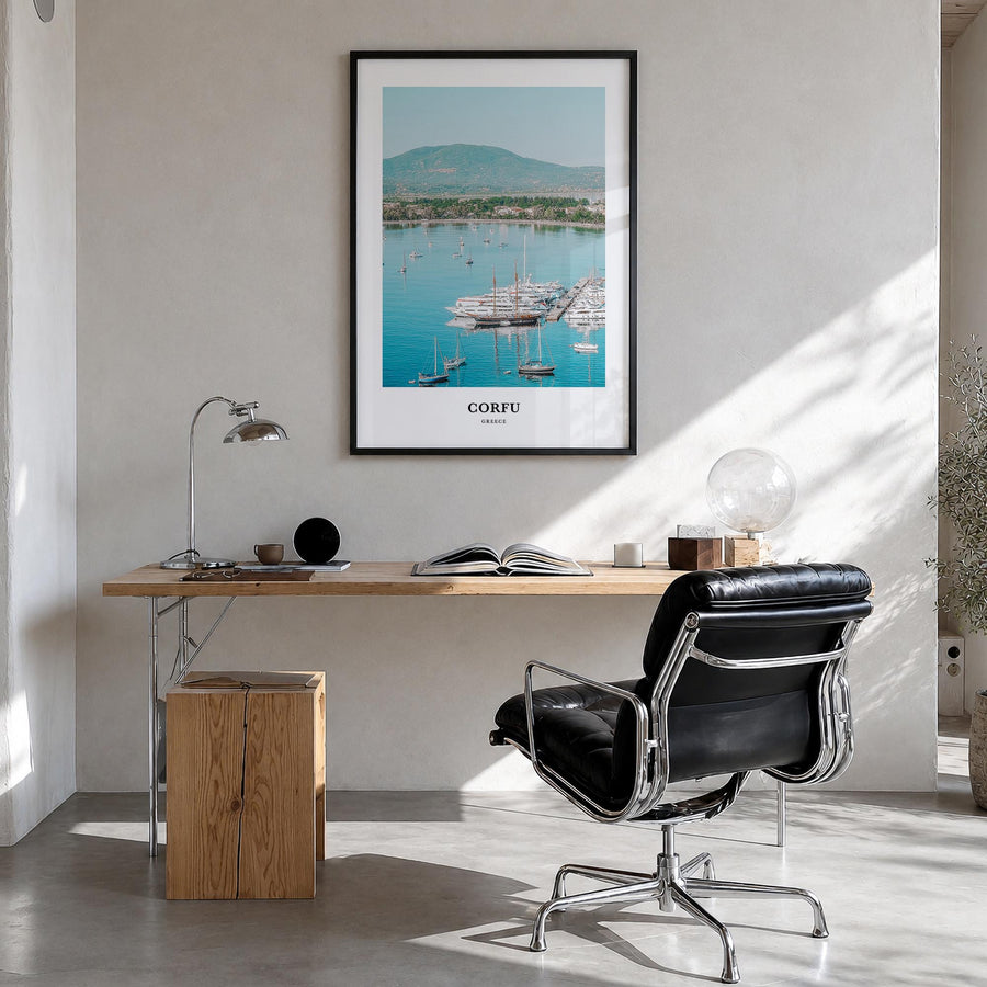 Corfu colorful classic poster of Greece – vertical wall art in black wood frame, hanging on wall