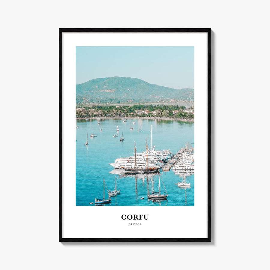 Corfu colorful classic poster of Greece – vertical wall art, unframed print shown in interior mockup
