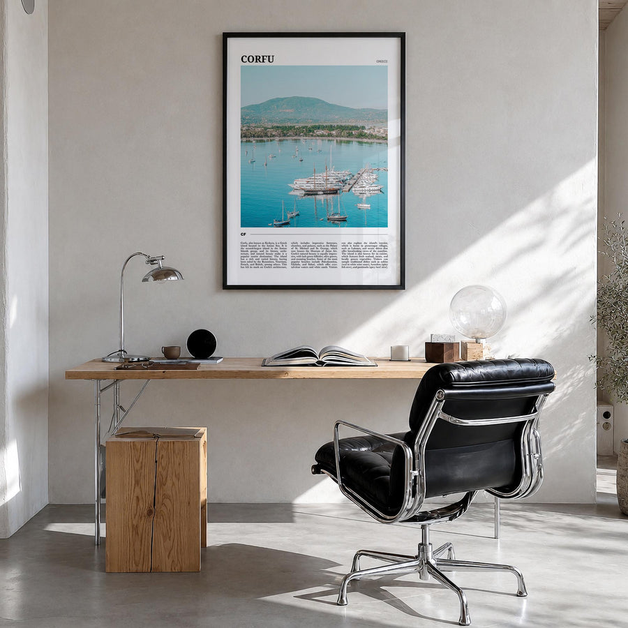 Corfu colorful travel poster of Greece – vertical wall art in black wood frame, hanging on wall