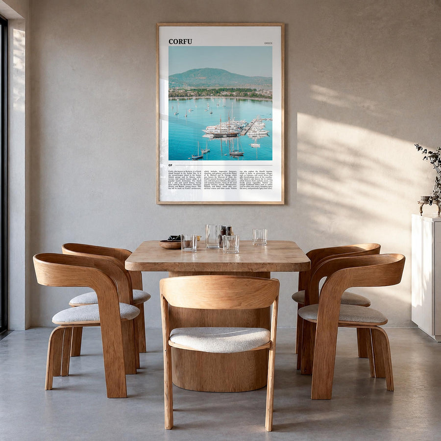 Corfu colorful travel poster of Greece – vertical wall art in natural wood frame, hanging on wall