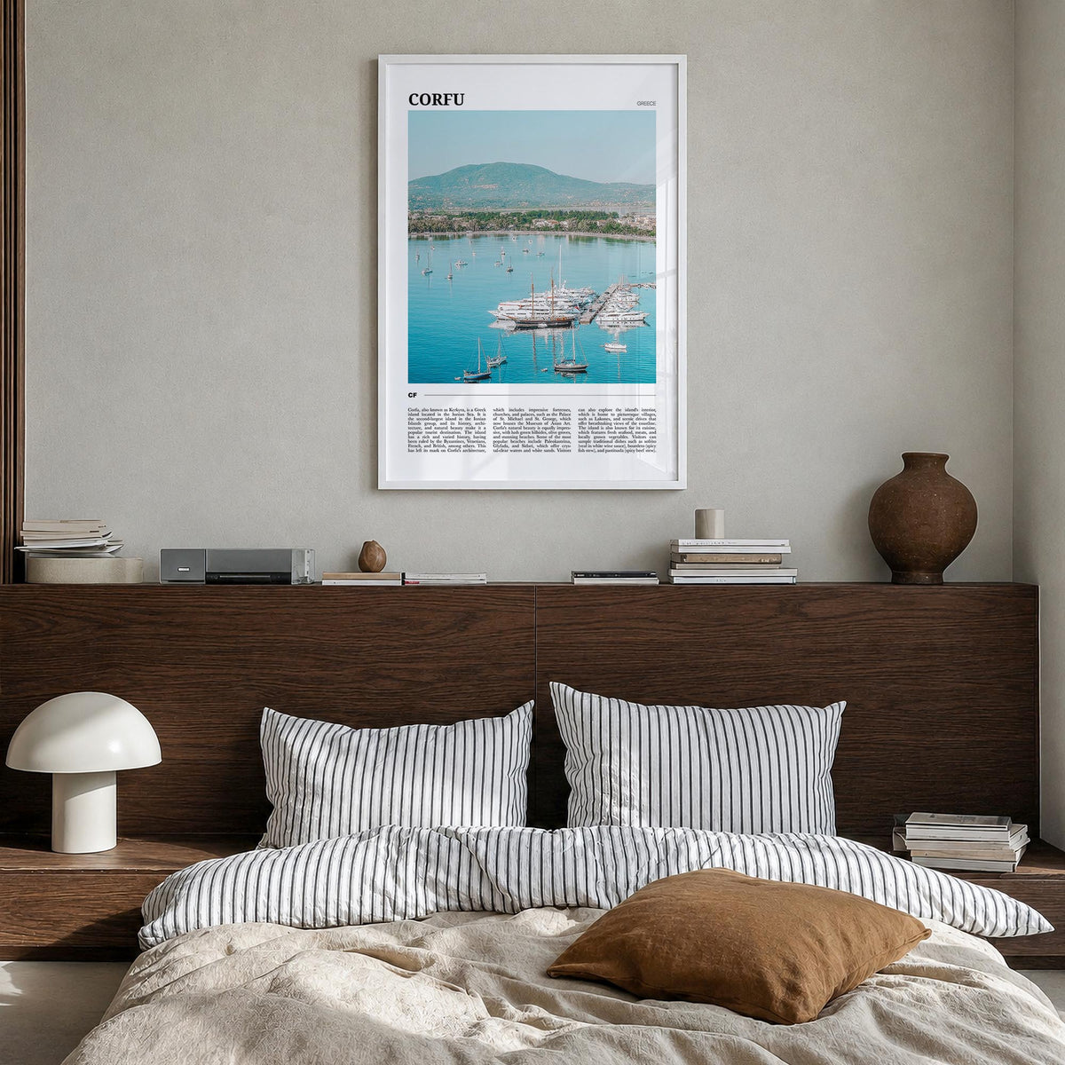 Corfu colorful travel poster of Greece – vertical wall art in white wood frame, hanging on wall