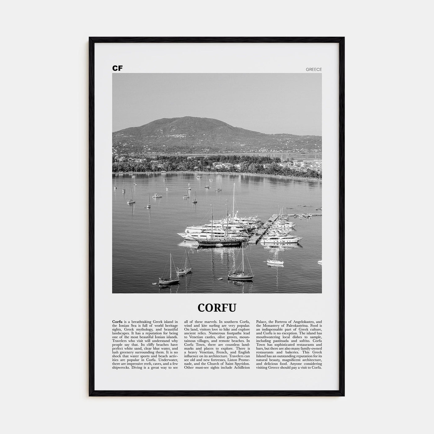 Corfu Poster Black Wood / 8x12 in Nbourhood Travel B&W Poster