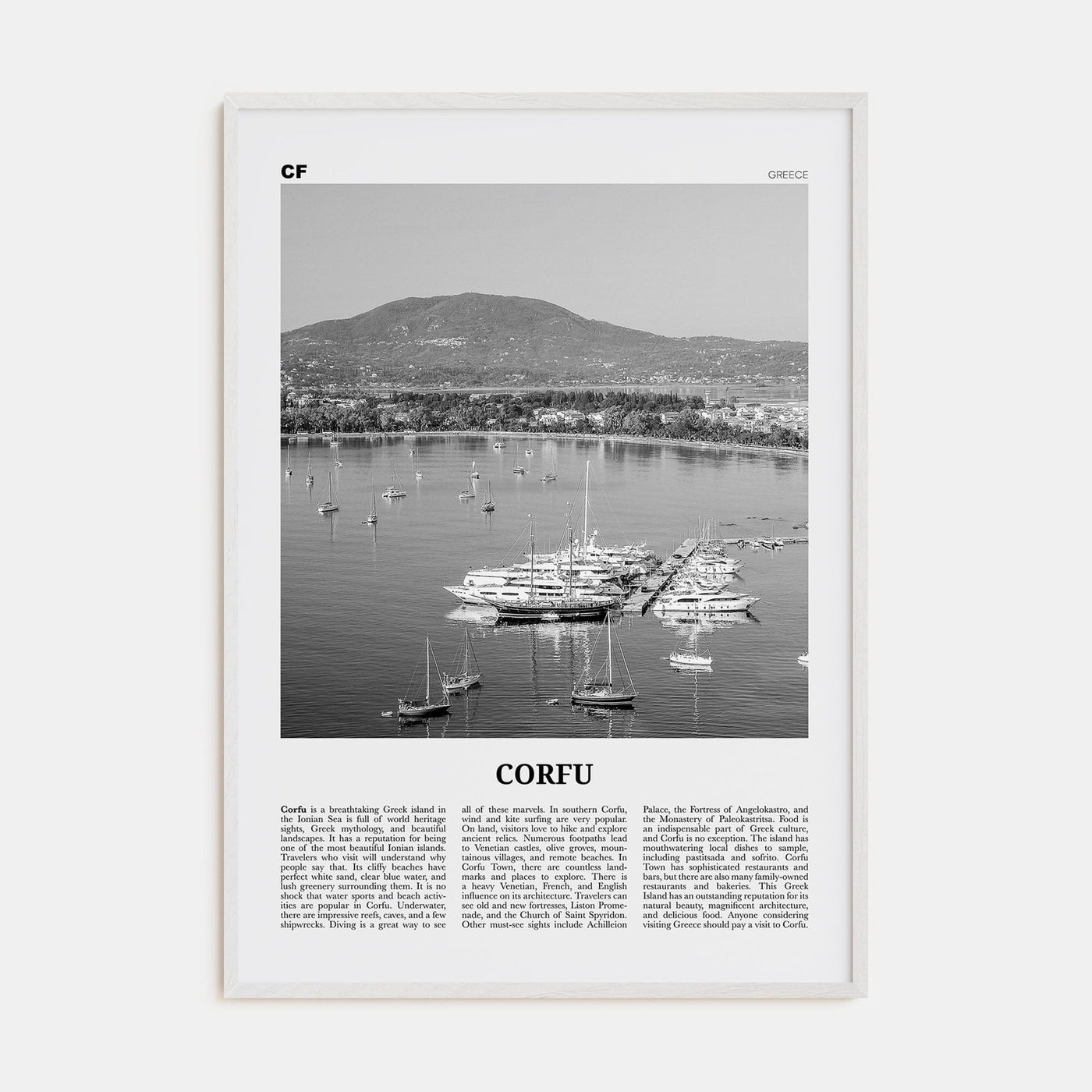 Corfu Poster White Wood / 8x12 in Nbourhood Travel B&W Poster