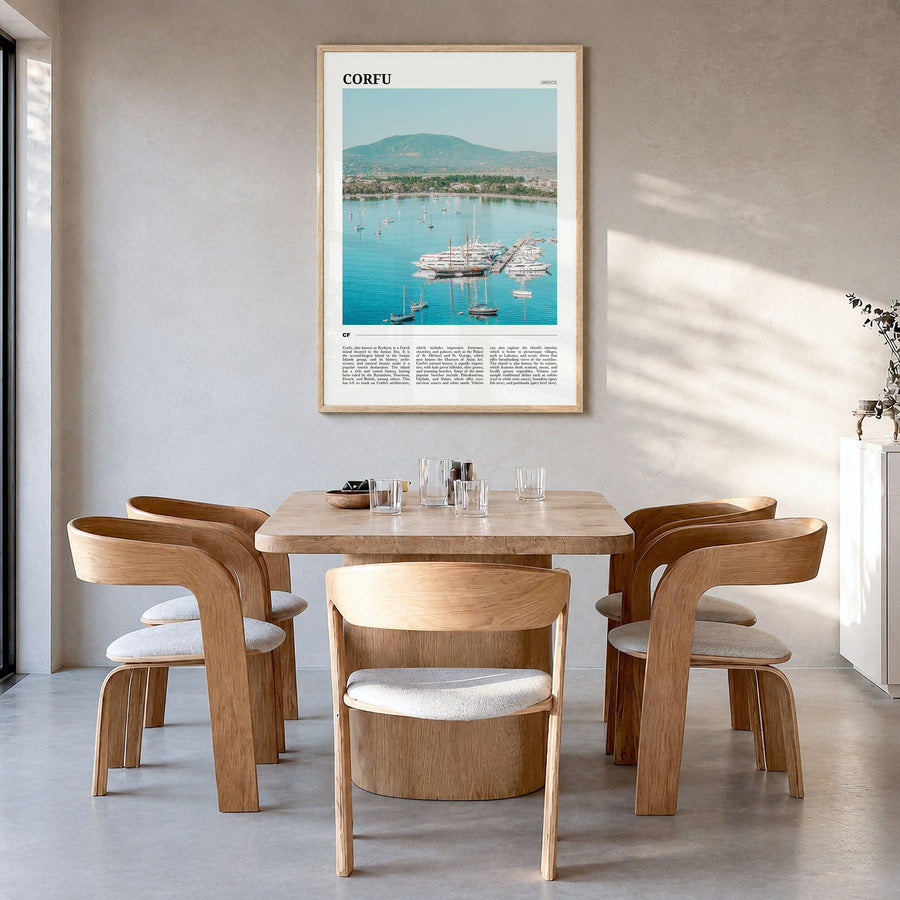 Corfu Travel Poster in a natural wood frame, hanging in a dining room