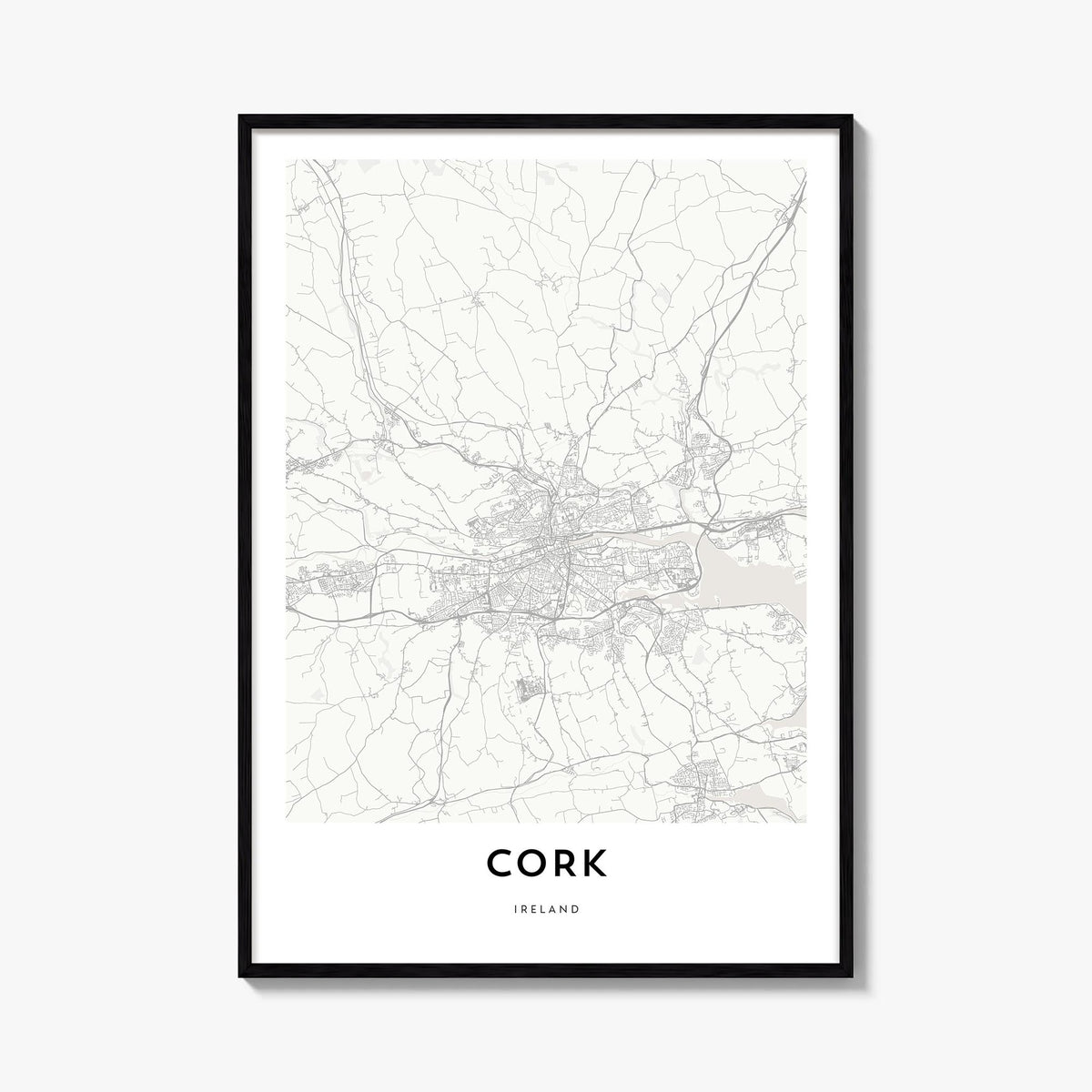 Cork black & white map poster of Ireland – vertical wall art, unframed print shown in interior mockup