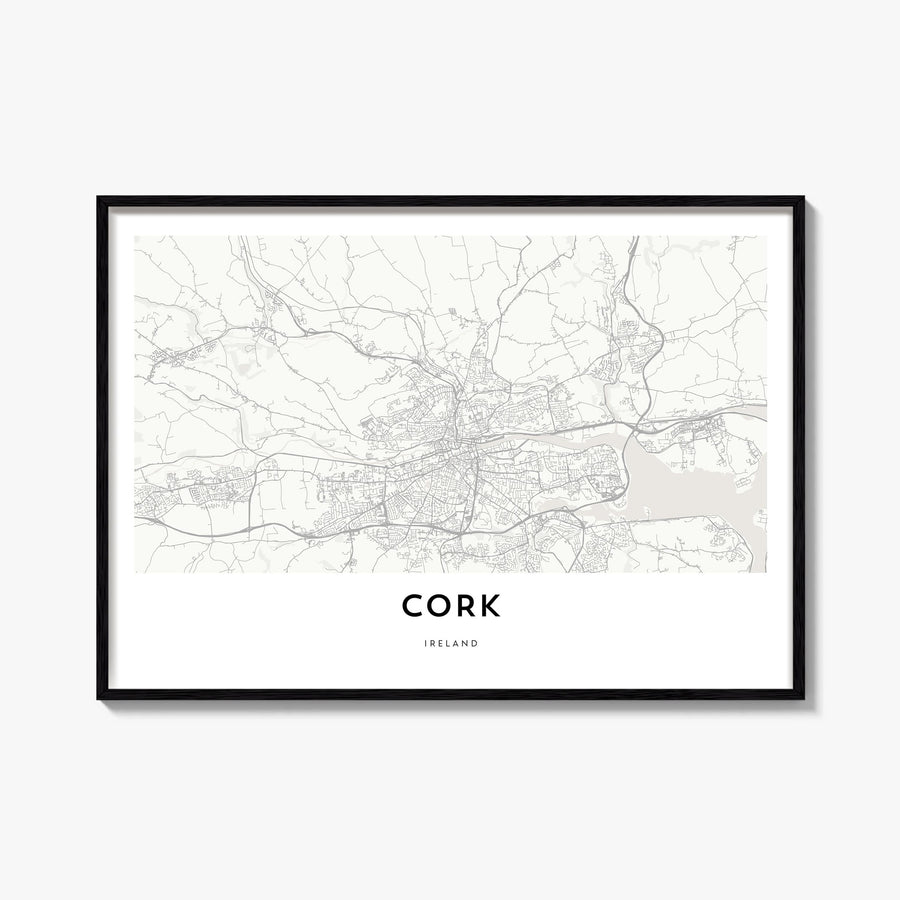 Cork black & white map poster of Ireland – horizontal wall art, unframed print shown in interior mockup