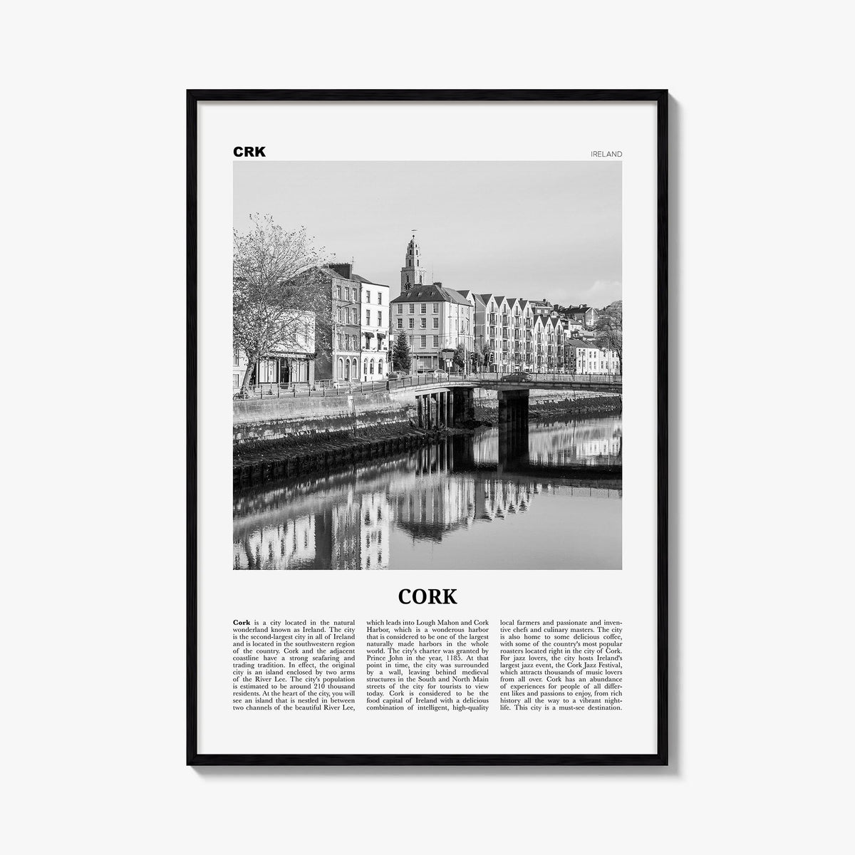 Cork black & white newspaper poster of Ireland – vertical wall art, unframed print shown in interior mockup