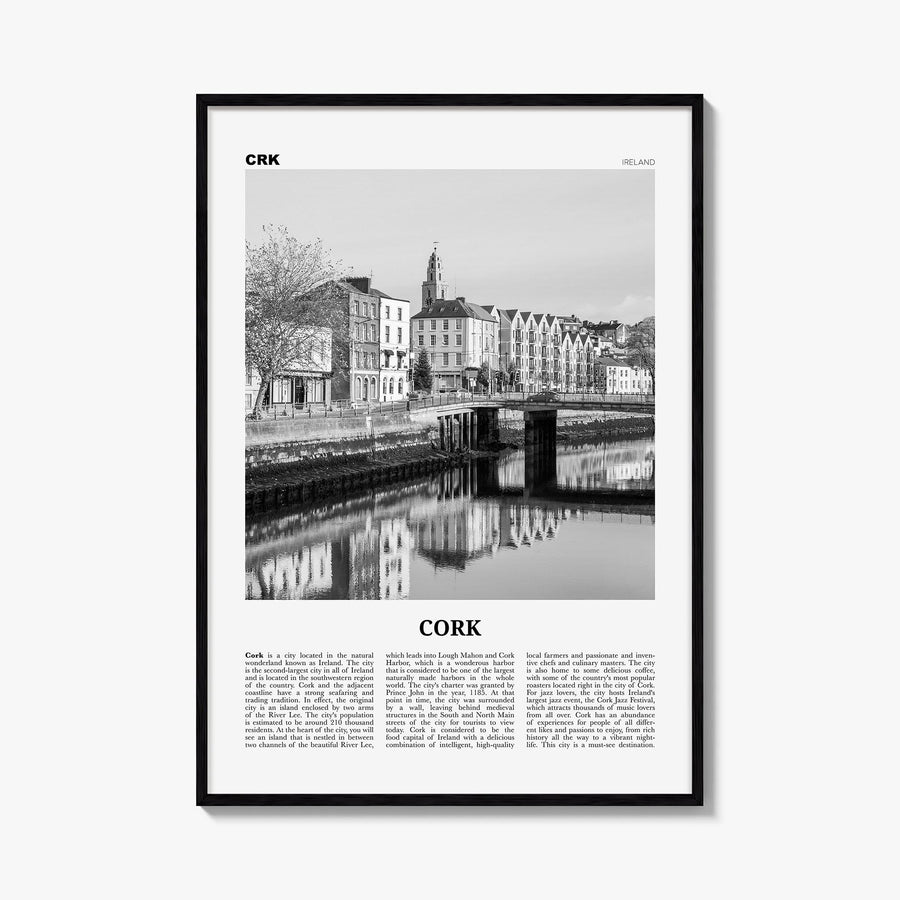Cork black & white newspaper poster of Ireland – vertical wall art, unframed print shown in interior mockup
