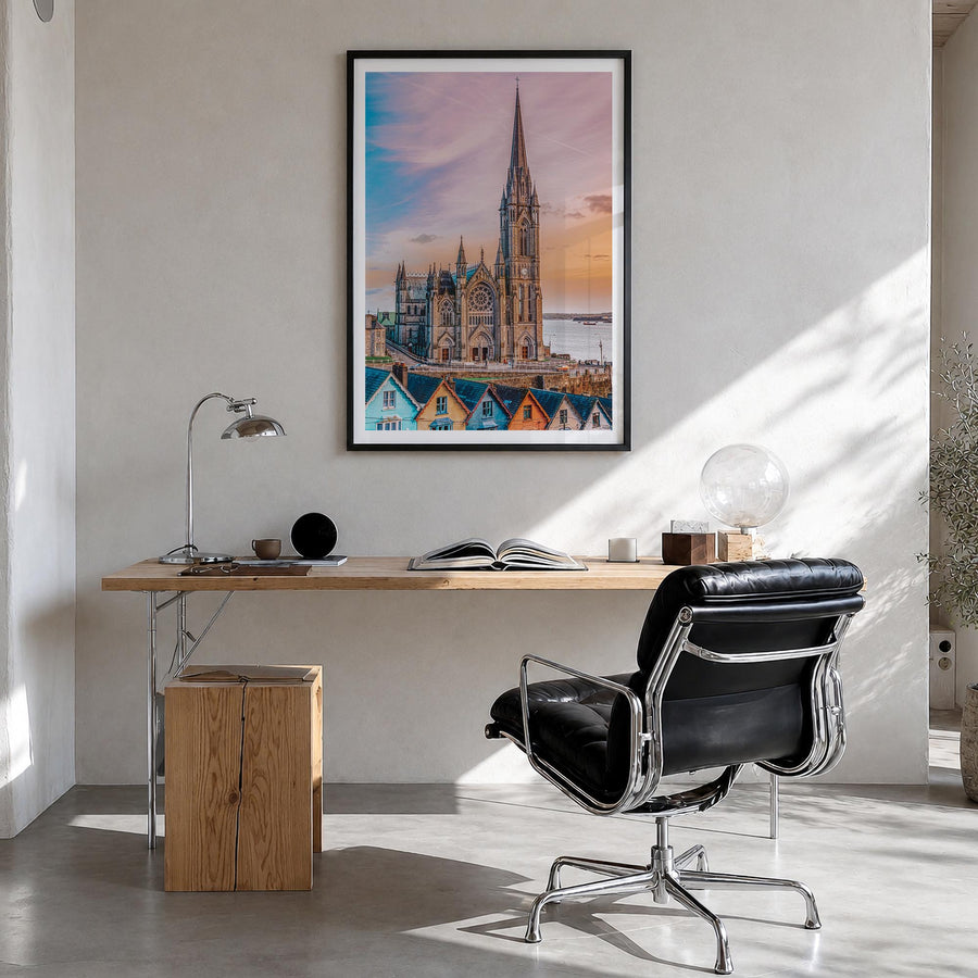 Cork colorful photo poster of Ireland – vertical wall art in black wood frame with white border, hanging on wall