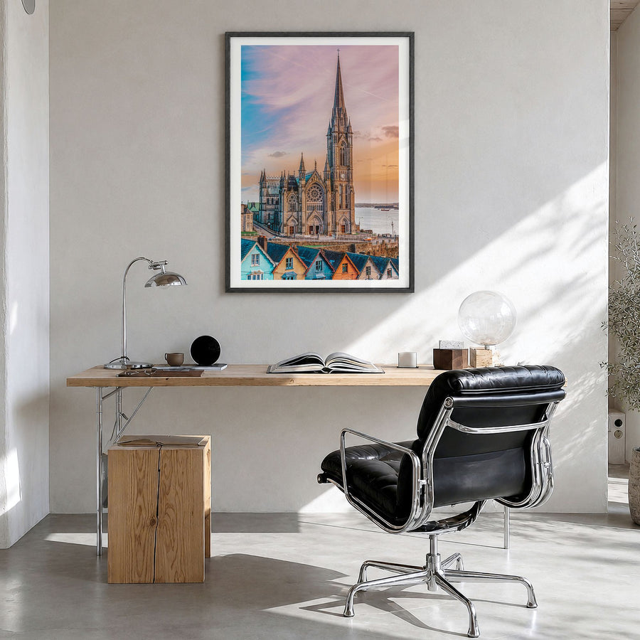 Cork Photo Poster in a black wood frame, hanging in a bright home office, white border