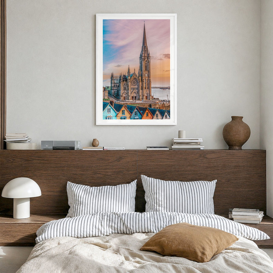 Cork Photo Poster in a white wood frame, hanging in a bedroom, white border