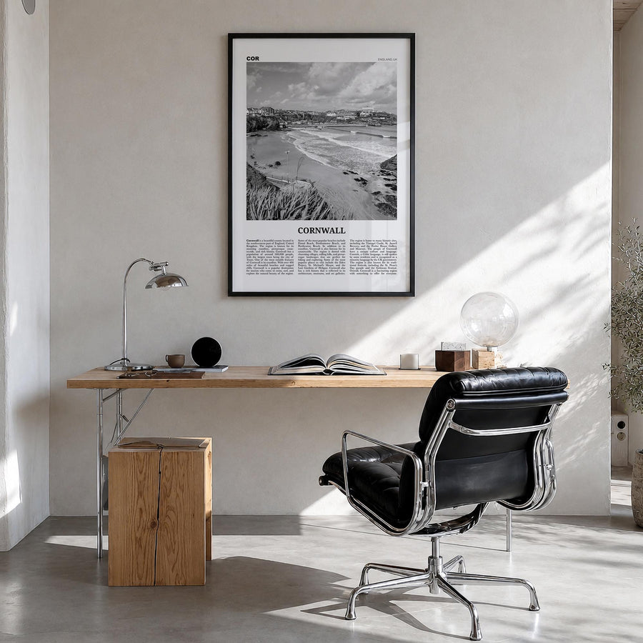 Cornwall black & white newspaper poster of England, UK – vertical wall art in black wood frame, hanging on wall