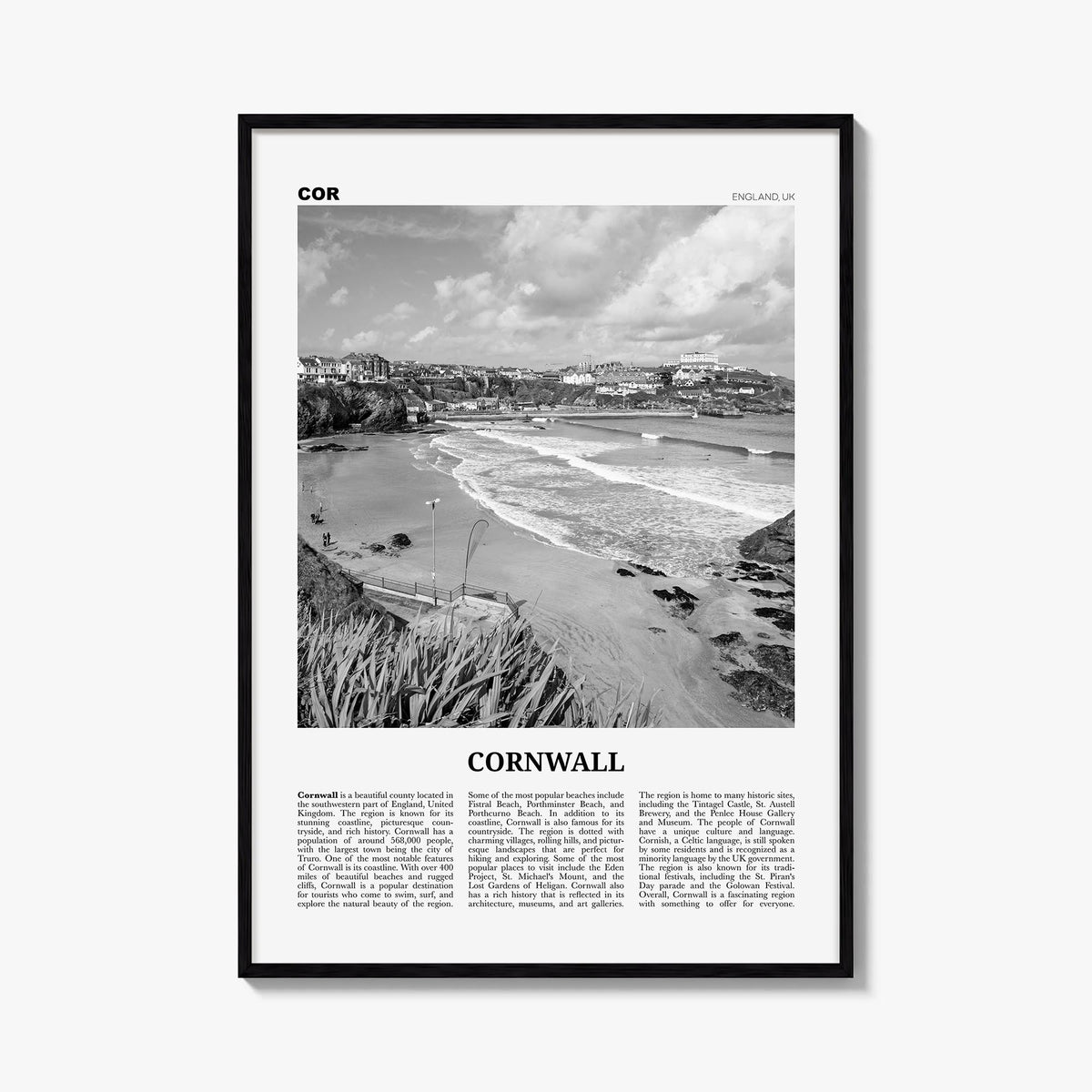 Cornwall black & white newspaper poster of England, UK – vertical wall art, unframed print shown in interior mockup