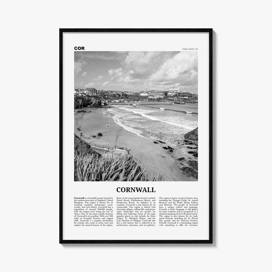 Cornwall black & white newspaper poster of England, UK – vertical wall art, unframed print shown in interior mockup